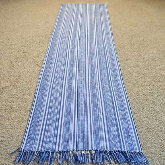Cotton Linen Woven Scarf Blue & White - Picture 9 of 14